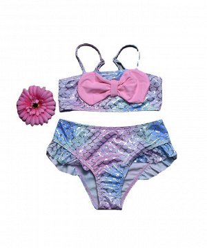 Раздельный купальник для девочки, цвет розово-голубой + принт серебристая чешуя