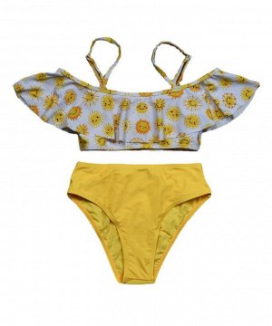 Раздельный купальник для девочки, цвет белый верх + принт солнышки, желтый низ