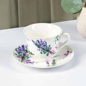 Чайная пара фарфоровая Доляна «Лаванда», 2 предмета: чашка 220 мл, блюдце d=14,1 см, цвет белый
