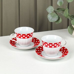 Сервиз керамический чайный Доляна «Горох», 4 предмета: 2 чашки 210 мл, 2 блюдца, цвет красный