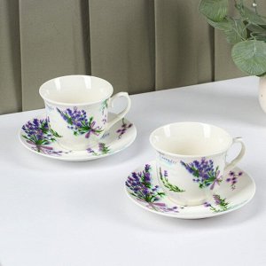 Набор фарфоровый чайный Доляна «Лаванда», 4 предмета: 2 чашки 220 мл, 2 блюдца d=14,2 см, цвет белый