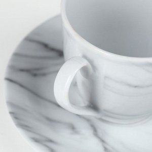 Чайная пара керамическая Доляна «Мрамор», 2 предмета: чашка 200 мл, блюдце d=14,5 см, цвет серый