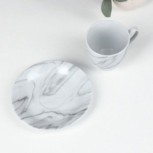 Чайная пара керамическая Доляна «Мрамор», 2 предмета: чашка 200 мл, блюдце d=14,5 см, цвет серый