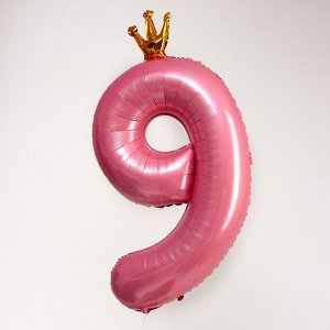 Шар фольгированный 40" «Цифра 9 с короной», цвет розовый