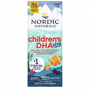 Nordic Naturals Children&#039;s DHA Xtra, для детей возрастом 1–6 лет, вкус ягодного пунша, 880 мг, 60 мл