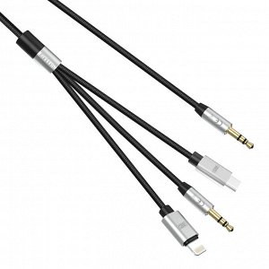 NEW ! Переходник Аудио-кабель 3 в 1 Earldom AUX 09 Apple Lightning / Type-C / Jack 3.5 to Jack 3.5, 1.2м, черный