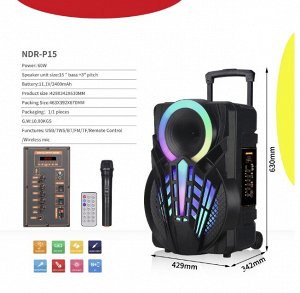 Портативная колонка с микрофоном Professional Battery Speaker System NDR-P15\ 40 Вт