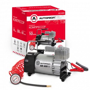 Компрессор воздушный AUTOPROFI, 60 л./мин., 12V/23A, 280W, шланг 3 м., шнур питания 3 м., питание от АКБ, клапан для регулир. давления, набор из 4-х переходников для надувн. изделий, сумка