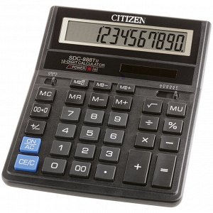 Калькулятор настольный Citizen SDC-888TII, 12 разрядов, двойное питание, 158*203*31мм, черный