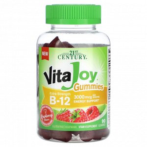 21st Century, VitaJoy, жевательные таблетки, витамин B12, с повышенной силой действия, со вкусом малины, 3000 мкг, 90 жевательных таблеток (1500 мкг в 1 жевательной таблетке)