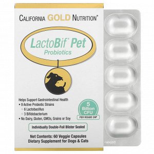 California Gold Nutrition, пробиотики LactoBif Pet, 5 млрд КОЕ, 60 растительных капсул
