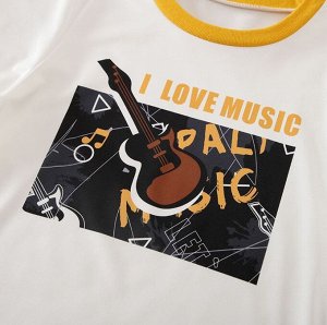 Детский костюм: белая футболка с надписью "I love music" + черные шорты с надписями