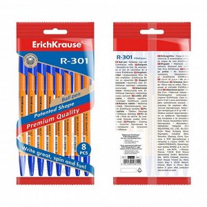 Набор ручек шариковых ErichKrause R-301 Orange Stick, 8 штук, узел 0.7 мм, цвет чернил синий