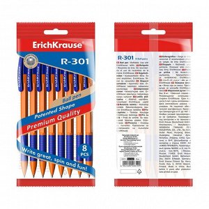 Набор ручек шариковых автоматических, 8 штук, ErichKrause R-301 Orange Matic&Grip, резиновый упор, узел 0.7 мм, цвет чернил синий