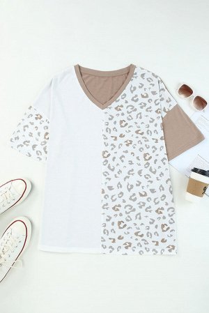 Белая леопардовая футболка плюс сайз в стиле колорблок