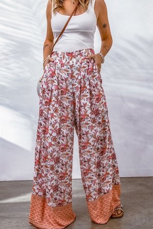 Красные широкие брюки с цветочным принтом и эластичной резинкой