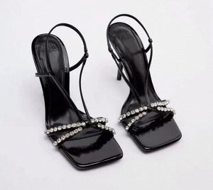 Женские открытые босоножки на каблуке, с декором в виде страз, цвет черный