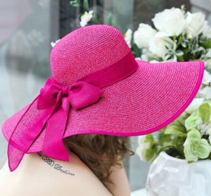 Шляпа соломенная с большими полями и декор. бантом, розовый