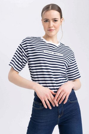 Sorbe X DeFacto Расслабляющая футболка с круглым вырезом и принтом с короткими рукавами