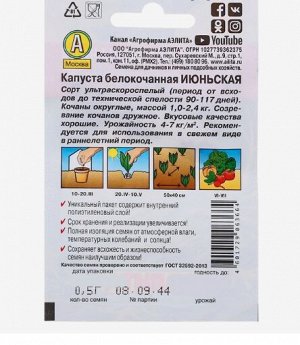 Семена Капуста белокочанная "Июньская" "Лидер", 0,5 г ,