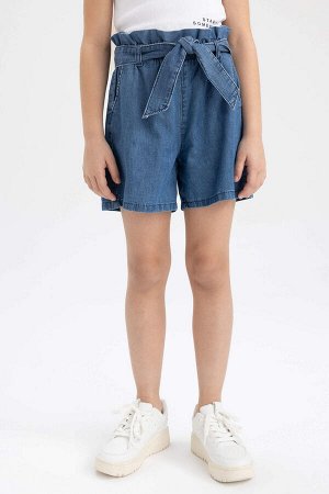 Джинсовые шорты с эластичной талией и поясом для девочек Paperbag