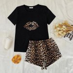 Пижама женская, футболка и шорты, цвет черный, принт &quot;Леопард&quot;