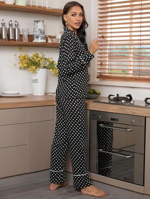 Женская пижама в горох (рубашка с длинным рукавом и брюки)