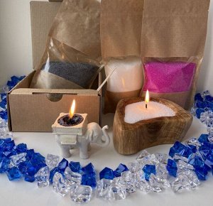 Набор - Насыпная свеча в гранулах, деревянный подсвечник, набор воска: белый, графит и розовый - 450 гр.