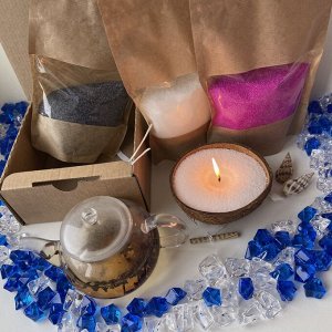 Набор - Насыпная свеча в гранулах, подсвечник - скорлупа кокоса, набор воска: белый, графит и розовый - 450 гр.