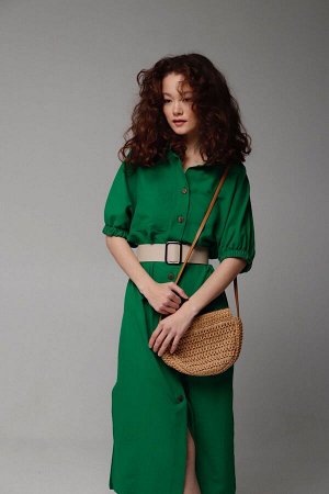 Платье-рубашка с объёмными рукавами зелёное