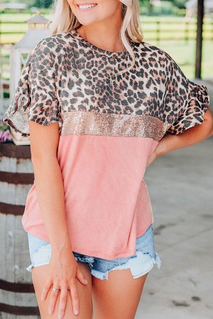 Розовая леопардовая футболка с пайетками