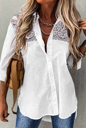 White Lace Crochet Splicing Button Up Shirt