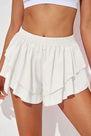 Белые многоярусные шорты-юбка с эластичным поясом