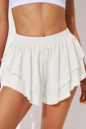 Белые многоярусные шорты-юбка с эластичным поясом