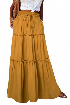 Желтая многоуровневая юбка макси с оборками и завязками на поясе