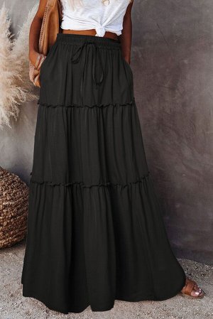 Черная многоуровневая юбка макси с оборками и завязками на поясе