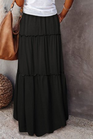 Черная многоуровневая юбка макси с оборками и завязками на поясе