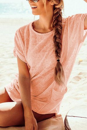 Розовая пляжная туника с карманами и коротким рукавом