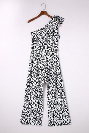 Leopard Print Slant One Shoulder Loose Jumpsuit