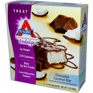 Atkins, Endulge, Шоколадные батончики с кокосом, 5 батончиков, каждый по 1,4 унции (40 г)