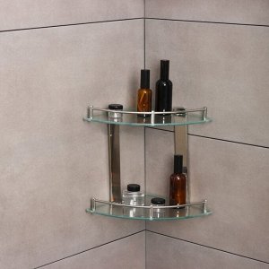 Полка для ванной комнаты 2х-ярусная угловая Штольц Stölz, 24x24x28 см, нержавеющая сталь, стекло