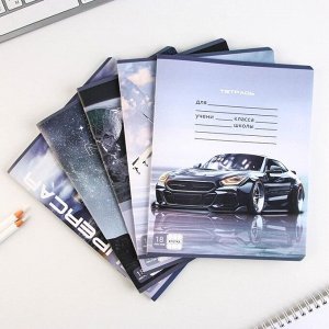 Тетрадь А5, 18 листов на скрепке в  клетку «Grey», обложка мелованный картон 230 гр., 5 видов МИКС, белизна 96% .