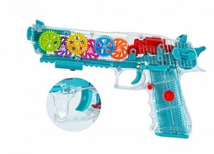 Пистолет светящийся, музыкальная игрушка, прозрачный с шестеренками
