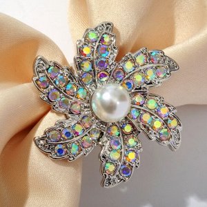 Кольцо для платка "Цветок" папоротник, цвет радужно-белый в серебре