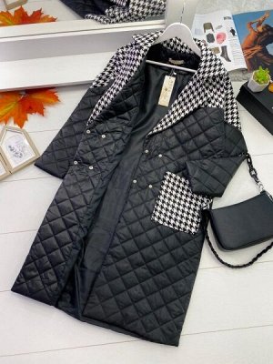 Пальто стеганое карманы гусиная лапка черное A133 A116