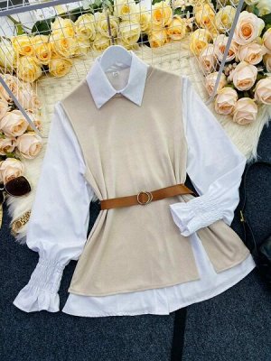Комплект рубашка плиссированный рукав и кремовый жилет B77
