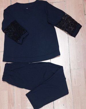 Костюм Size plus крепун блузка рукава вставка гипюр и брюки темно-синий M29 K53