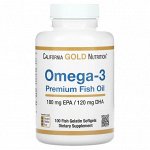 California Gold Nutrition, омега-3, рыбий жир премиального качества, 180 мг ЭПК / 120 мг ДГК, 100 капсул из рыбьего желатина