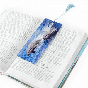 Закладка для книг с линейкой 3D-ОБЪЕМНАЯ BRAUBERG, "Дельфины", с декоративным шнурком, 128094