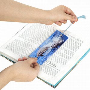 Закладка для книг с линейкой 3D-ОБЪЕМНАЯ BRAUBERG, "Дельфины", с декоративным шнурком, 128094